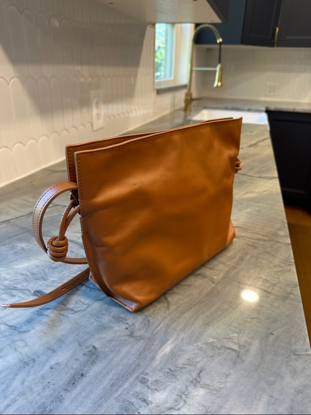 Quince Italian Leather Drawstring Pouch Crossbody Bag in Cognac - Picture 4 of 16